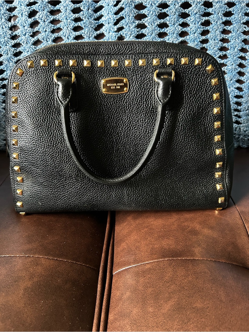 Michael Kors Sandrine Studded Leather Large Satchel Bag Black and Gold A - Picture 10 of 17